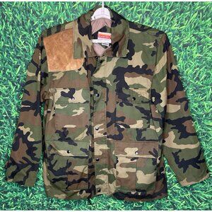 VTG Winchester Coat Men Large Woodland Camouflage Hunting Leather Shoulder Patch